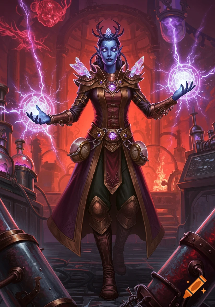 A blue-skinned female sorceress with white eyes and horns stands in a magical laboratory, casting purple lightning and holding glowing orbs.