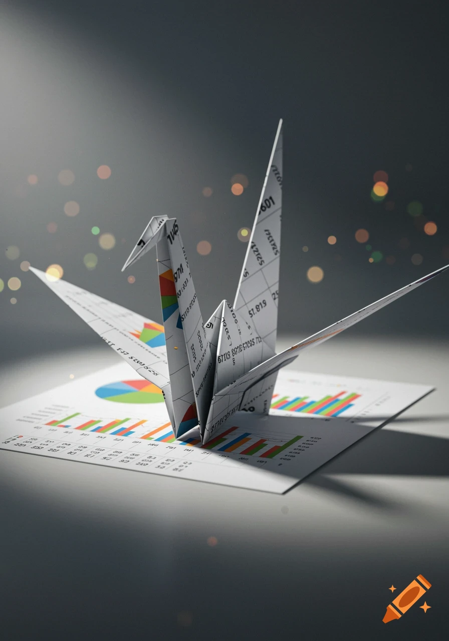 Origami crane made from a KPI scorecard paper standing on a sheet with colorful charts, photorealistic.
