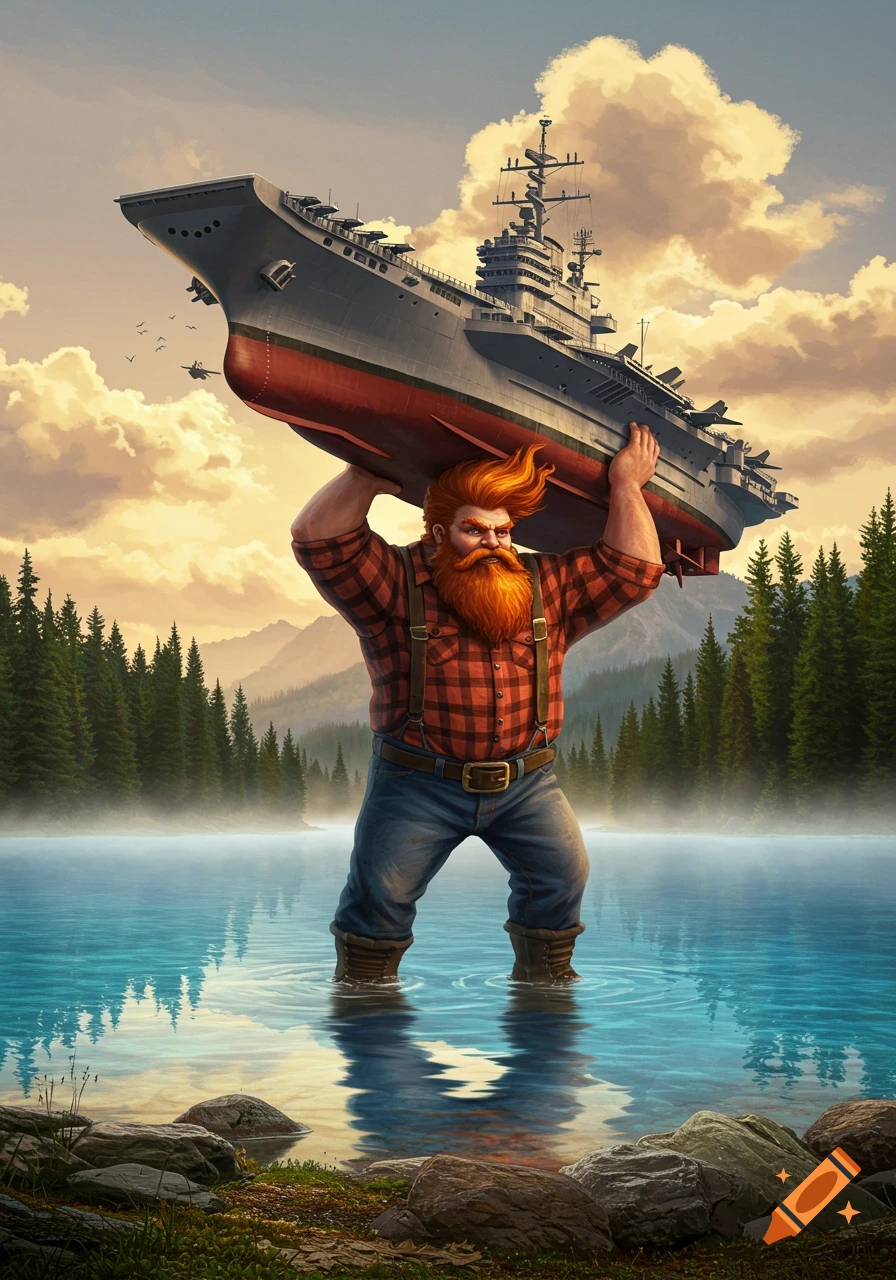 A giant red-bearded lumberjack stands in a lake, carrying an aircraft carrier on his shoulders, surrounded by a misty forest.
