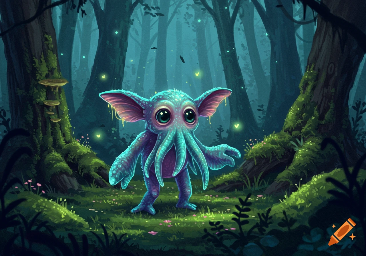 A cute, teal and purple alien-like creature with large ears and tentacles stands in a magical, glowing forest.