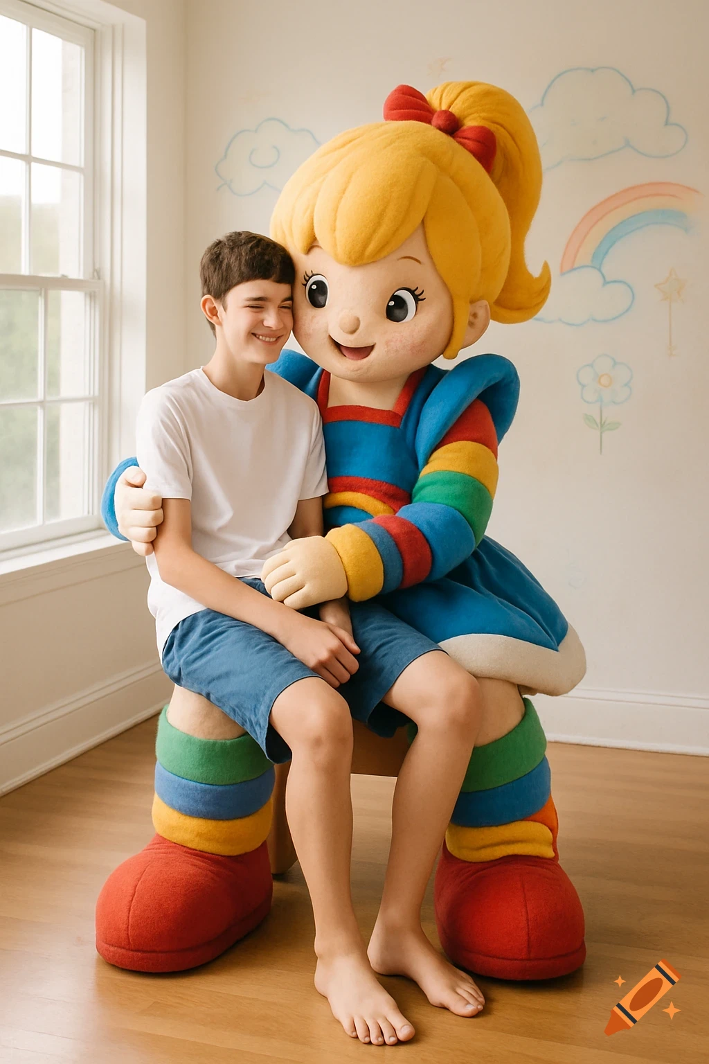A teenage boy smiles, resting his head on a Rainbow Brite mascot's shoulder as he sits on her lap in a bright room.