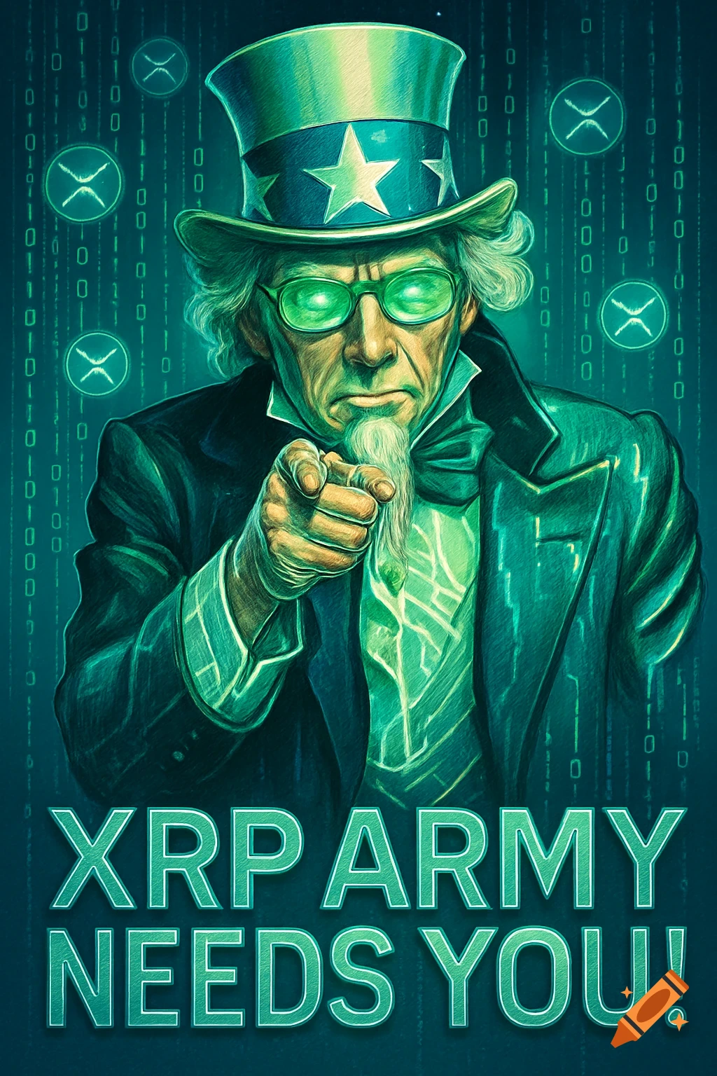 Uncle Sam in green with glowing eyes points forward, set against a digital matrix background with the text 'XRP ARMY NEEDS YOU!'