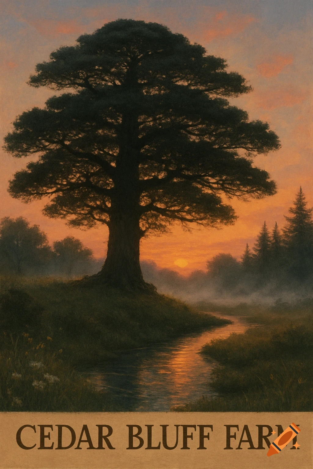 A painting of a large tree silhouetted against a sunset sky with a creek and mist, with the text 'CEDAR BLUFF FARM' at the bottom.