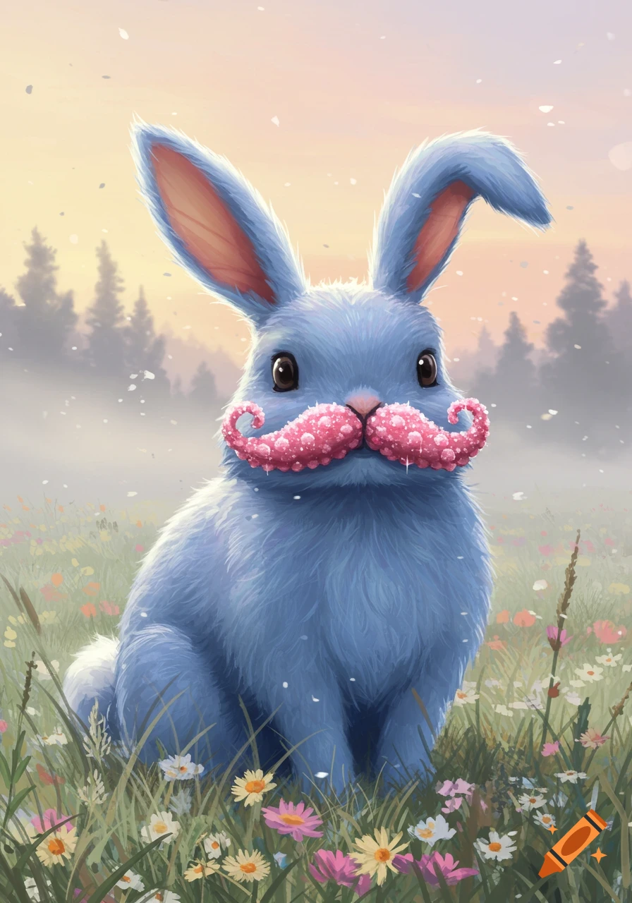 A cute blue bunny with a pink candy mustache sits in a field of colorful flowers at sunset.
