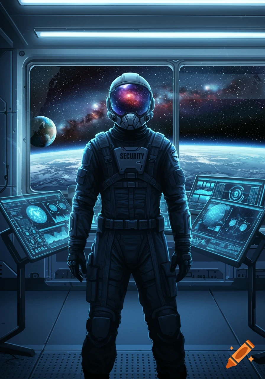 An astronaut security officer stands in a space station looking out at Earth and a galaxy-filled cosmos.