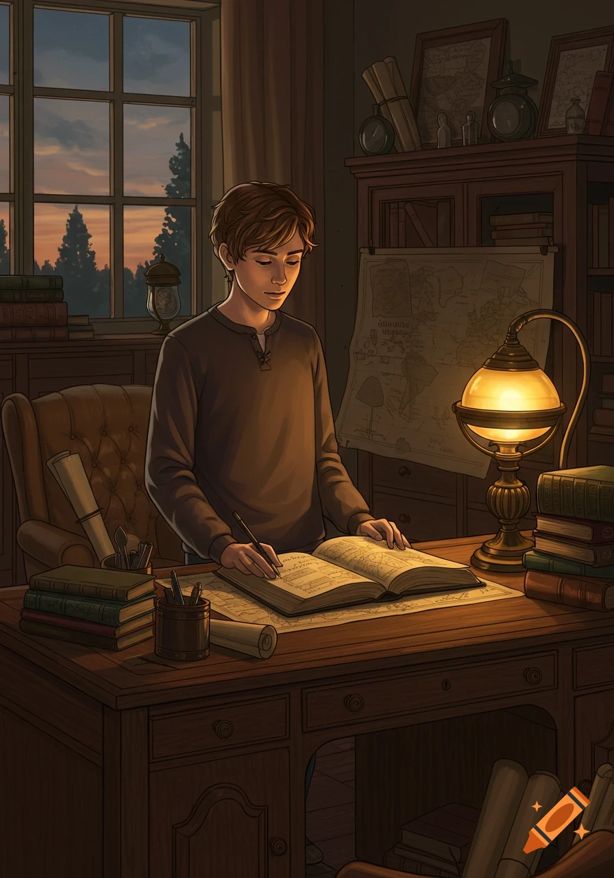 An illustration of a young person studying at a wooden desk, surrounded by books and maps, lit by a desk lamp and a sunset window.