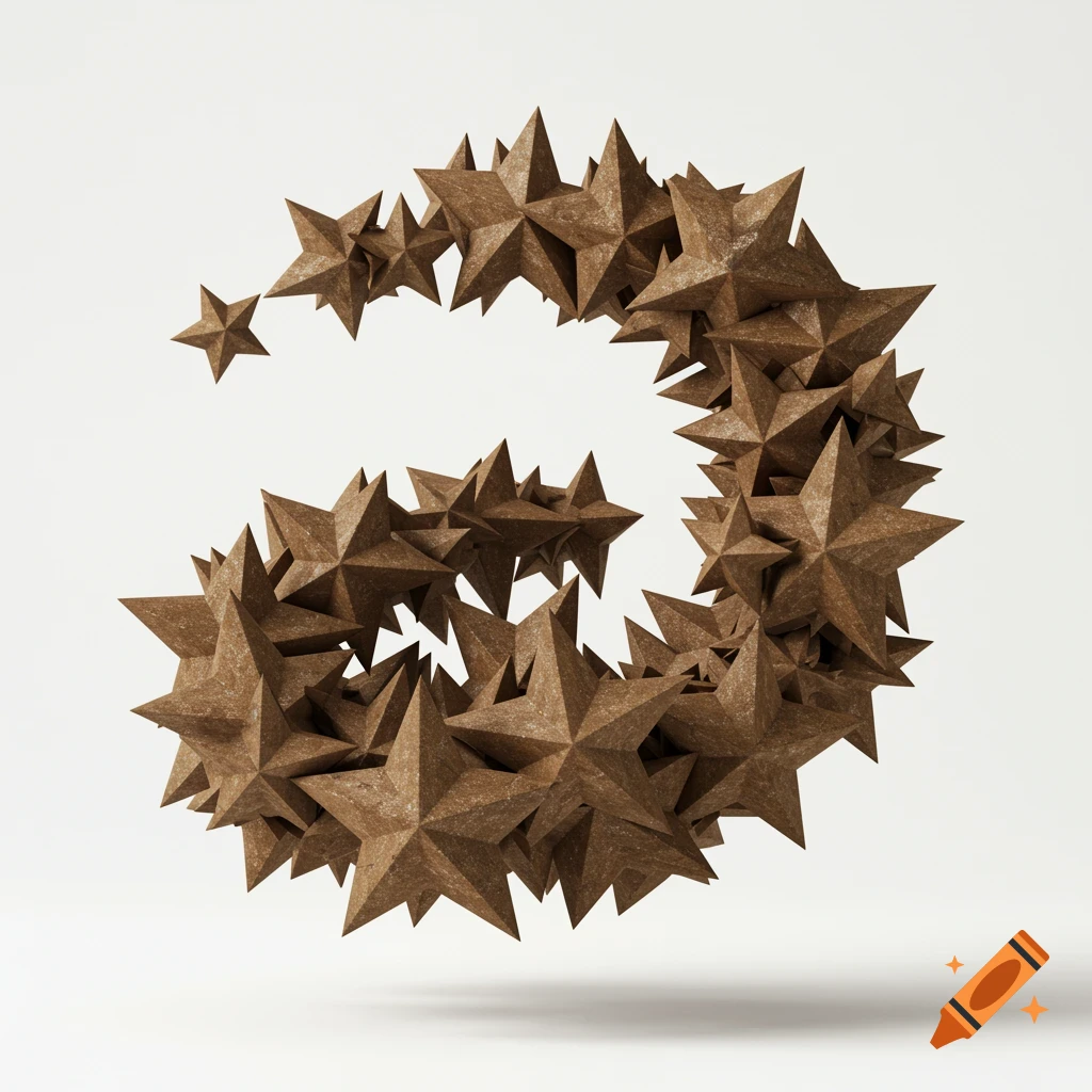A spiral formation of many brown, spiky, star-shaped objects against a white background.