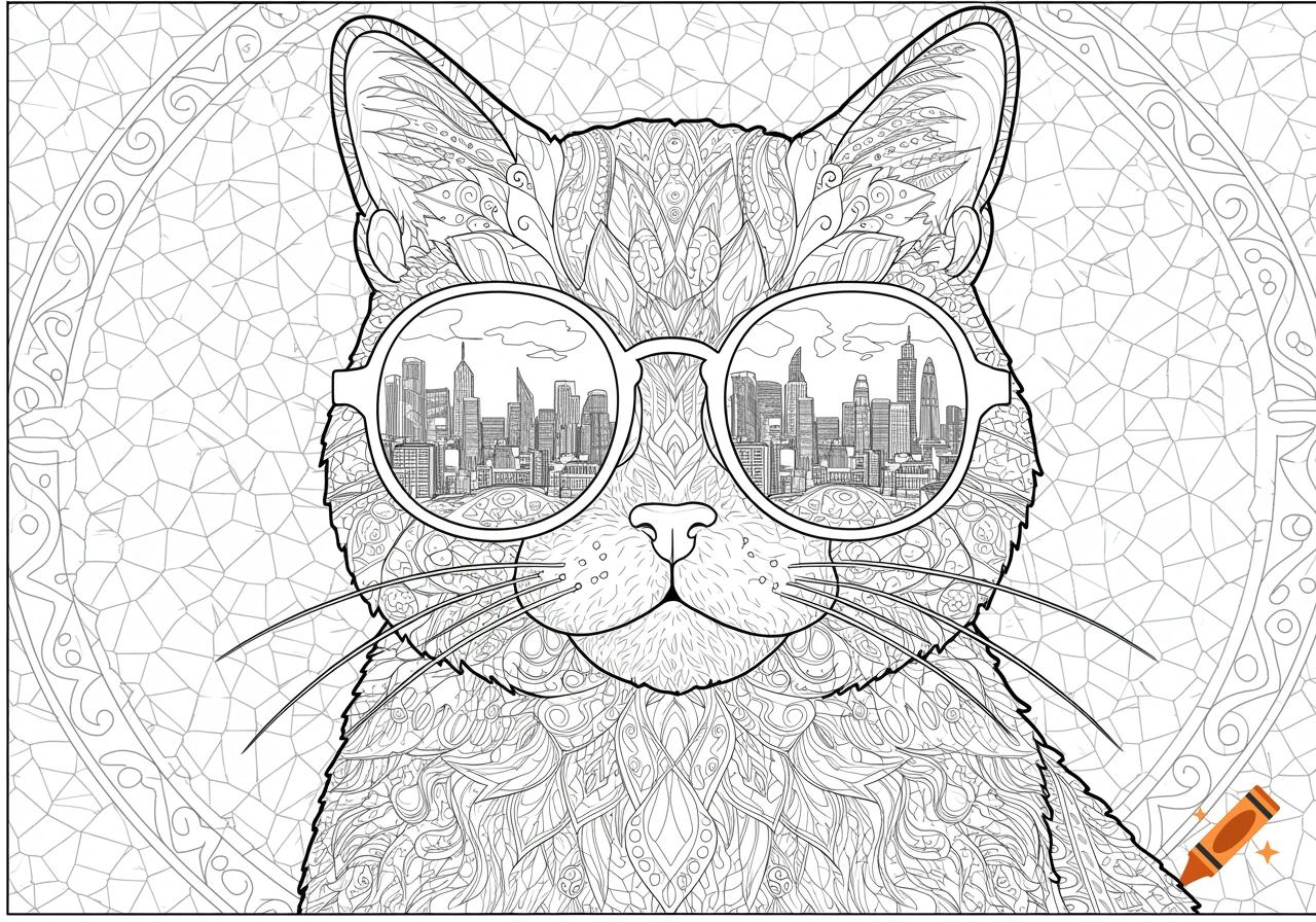 Black and white coloring page of a cat with detailed mosaic patterns, wearing sunglasses that reflect a cityscape.