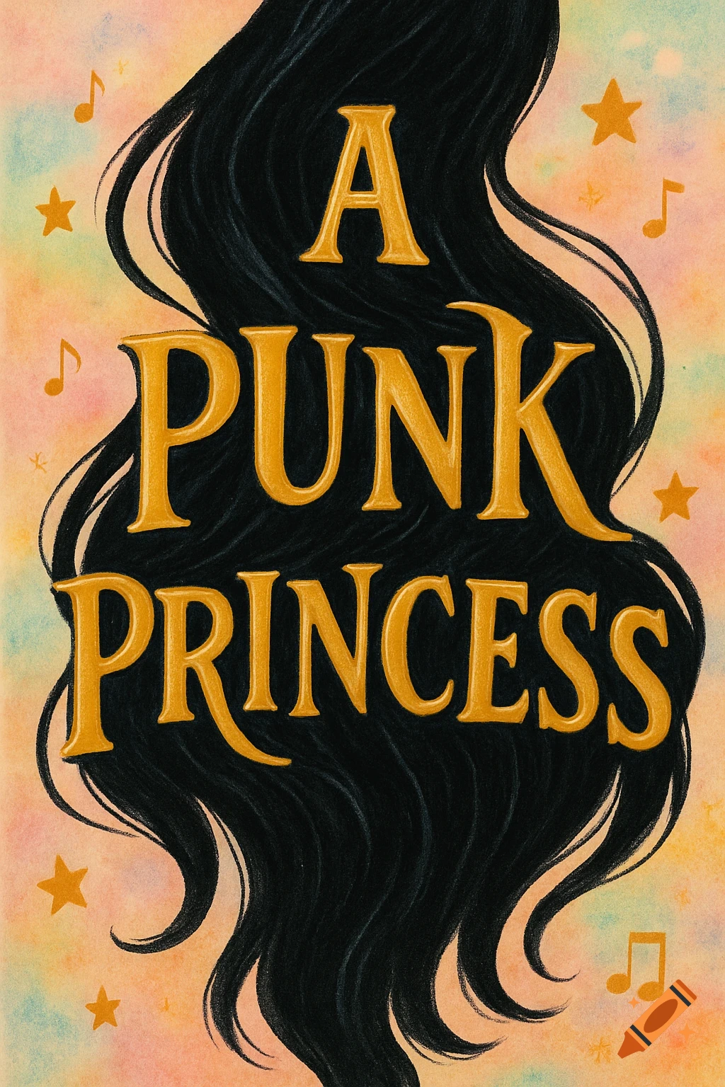 Illustrated book cover with the gold text 'A Punk Princess' on long black hair, set against a pastel background with stars and music notes.