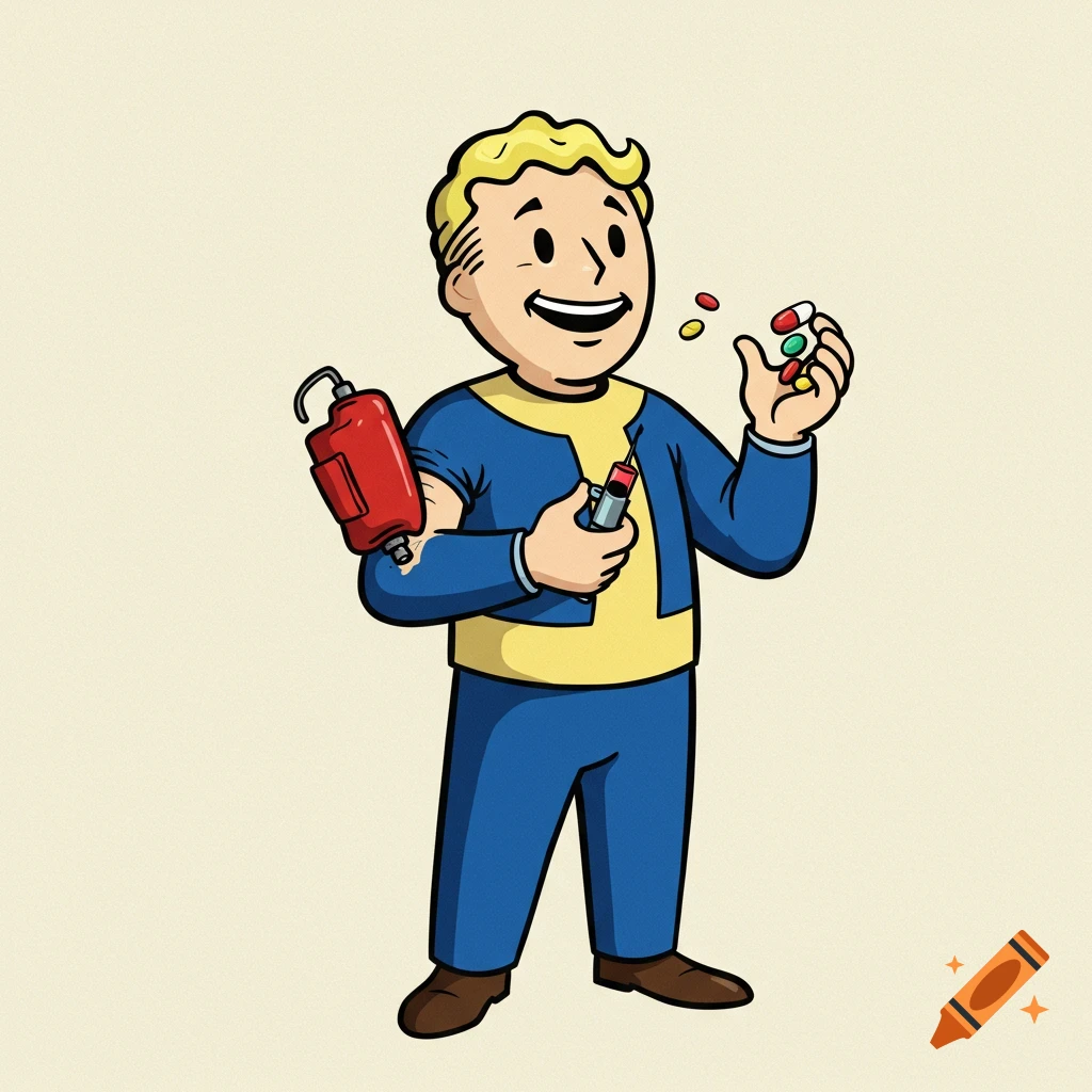 Vault Boy from Fallout in a cartoon style, injecting a stimpak into his arm and holding a handful of colorful pills.