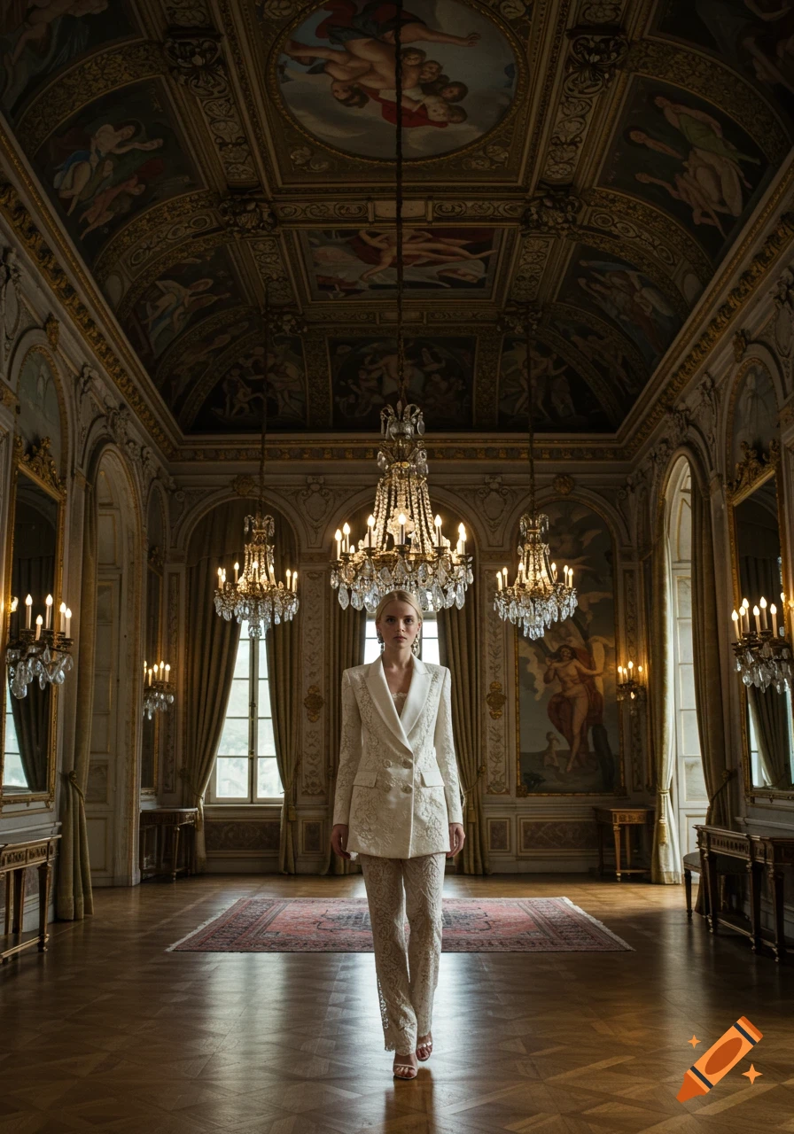 A blonde woman in a white ornate suit stands in a lavish classical room with chandeliers and painted ceilings.