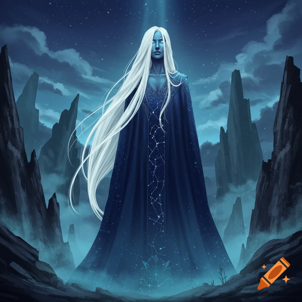A tall, blue-skinned woman with long white hair and a starry blue robe stands in a dark, rocky landscape under a starry sky, digital art.