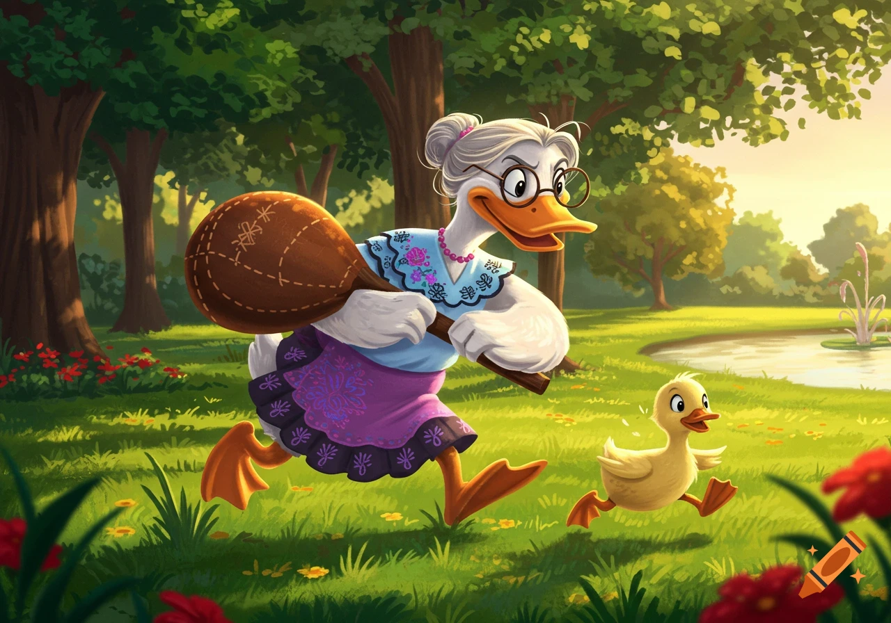 A cartoon abuelita duck with glasses and a purple dress runs with a large brown bag over her shoulder, chasing a small yellow duckling through a sunny, green park with trees and a pond.