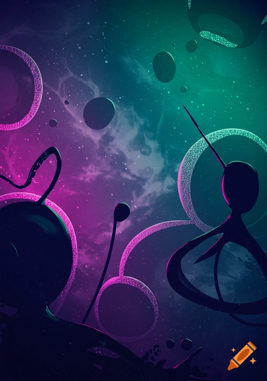 Abstract cosmic scene with glowing magenta and cyan rings, dark amorphous shapes, and floating spheres against a nebula sky.