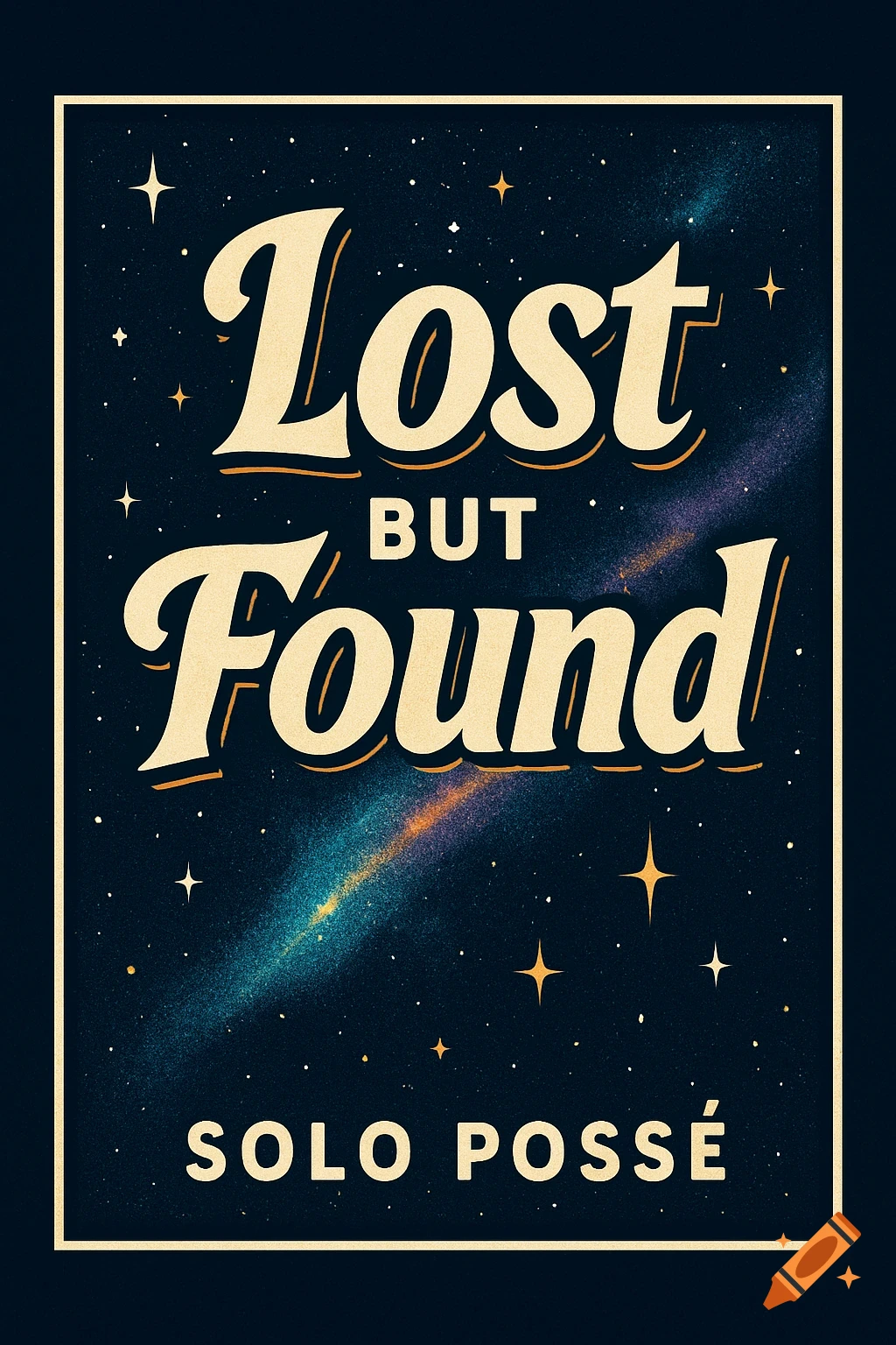 A poster with 'Lost BUT Found' and 'SOLO POSS ' in bold typography against a starry outer space background with a colorful galaxy.