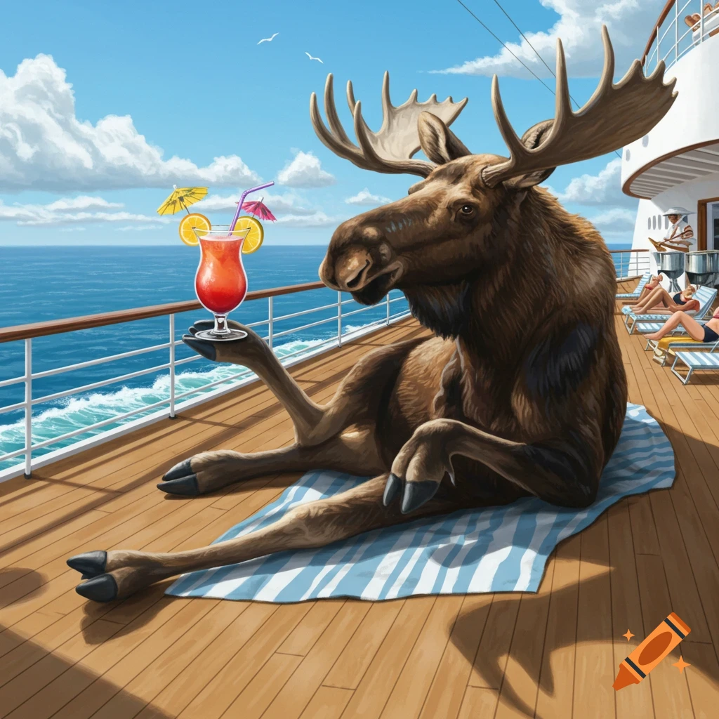 A moose lounges on a cruise ship deck, holding a cocktail with the ocean in the background.