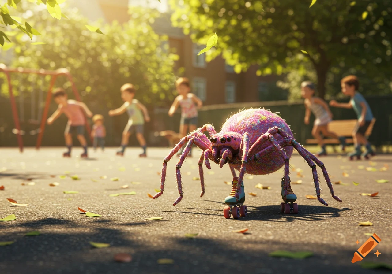 A large, fuzzy, multi-colored spider on roller skates on a sunny park path, with blurred children playing in the background.