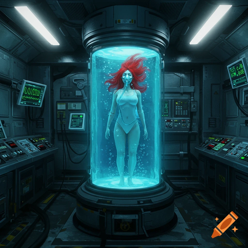 A redheaded woman in a white swimsuit and oxygen mask floats in a glowing blue regeneration tank in a sci-fi medical lab.