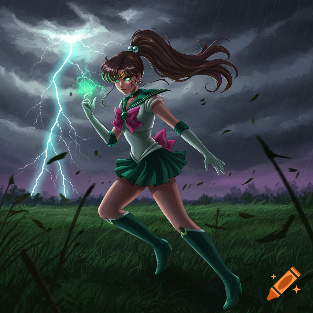 Sailor Jupiter in a stormy field, generating green energy with lightning striking behind her in an anime art style.