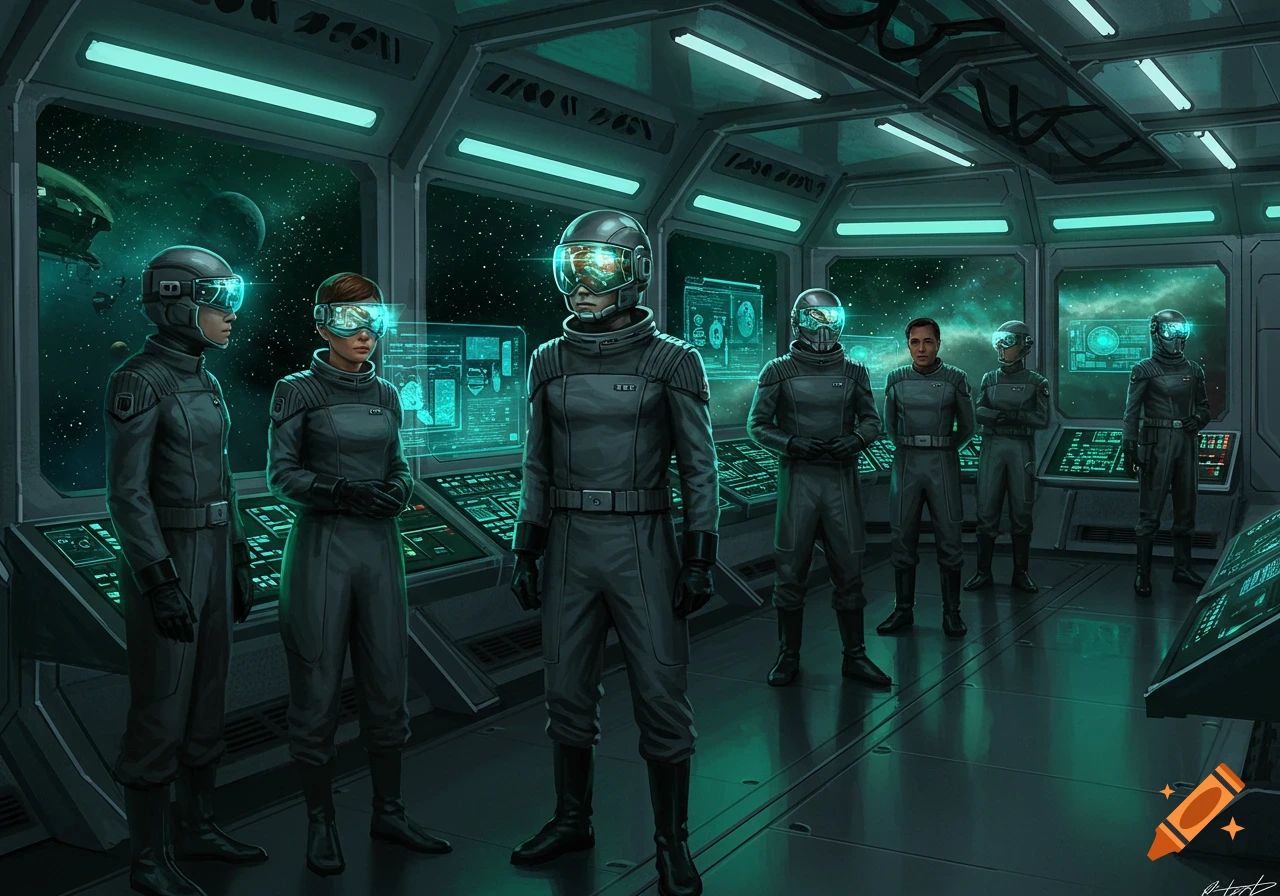 A group of astronauts in grey space suits and helmets stand on the bridge of a spaceship, looking out at space and planets through large windows. Holographic displays glow with data.