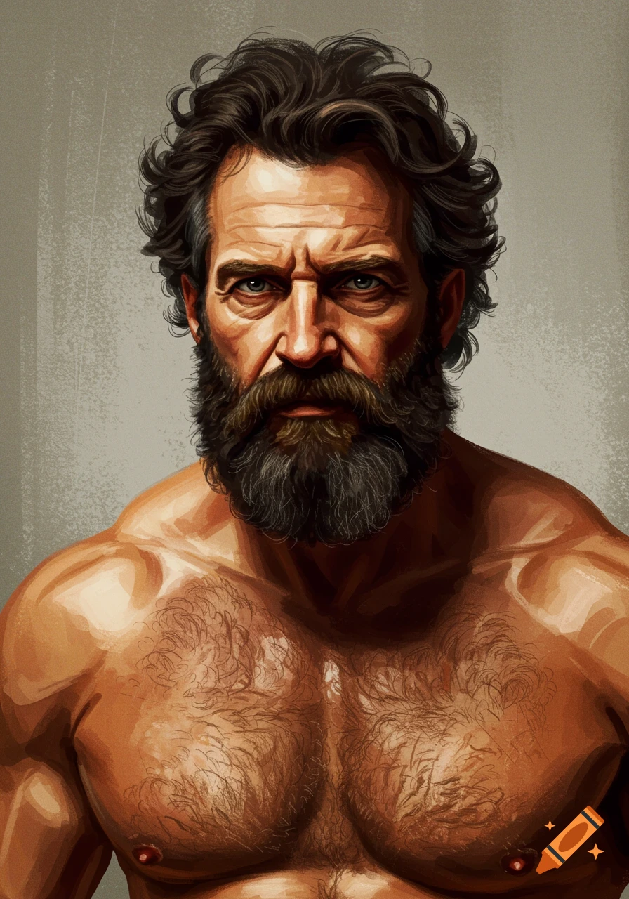 A close-up illustration of a muscular middle-aged man with dark curly hair and a full beard, looking intensely forward.