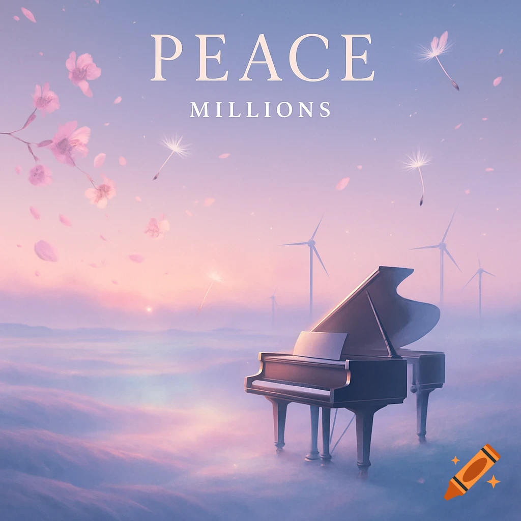 A grand piano sits in a misty, ethereal landscape with floating cherry blossoms and dandelion seeds. Wind turbines are in the distance under a pastel sky with the words 'PEACE MILLIONS'.
