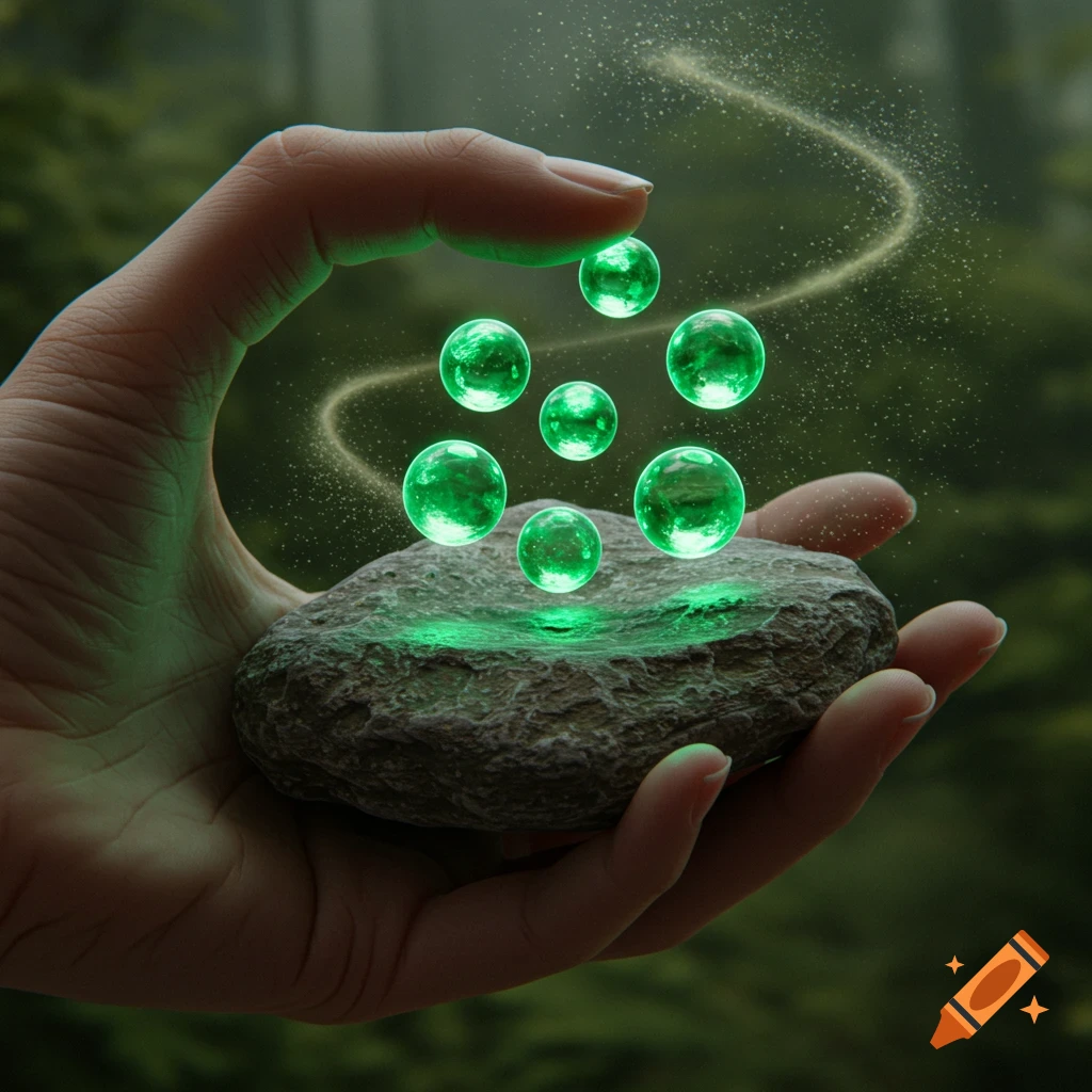 A hand holds a textured rock with several glowing green orbs floating above it, against a blurred forest background.
