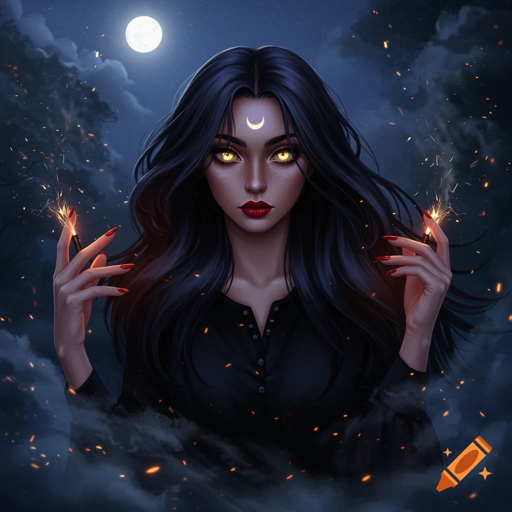 Digital art of a dark-haired witch with glowing yellow eyes, a crescent moon symbol on her forehead, holding sparklers under a full moon.
