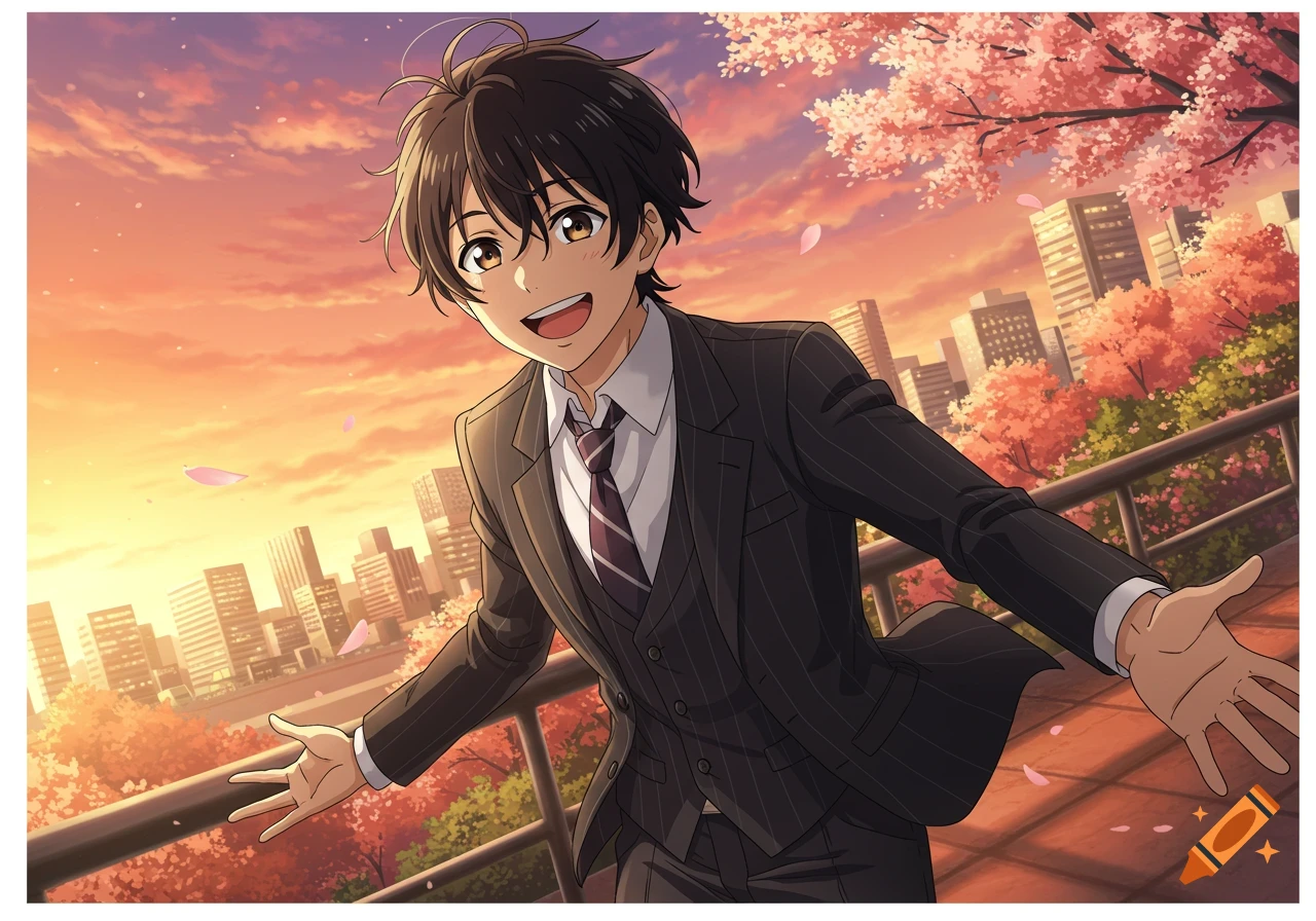 A cheerful anime boy in a pinstripe suit smiles with arms outstretched, standing on a railing against a sunset cityscape with cherry blossoms.