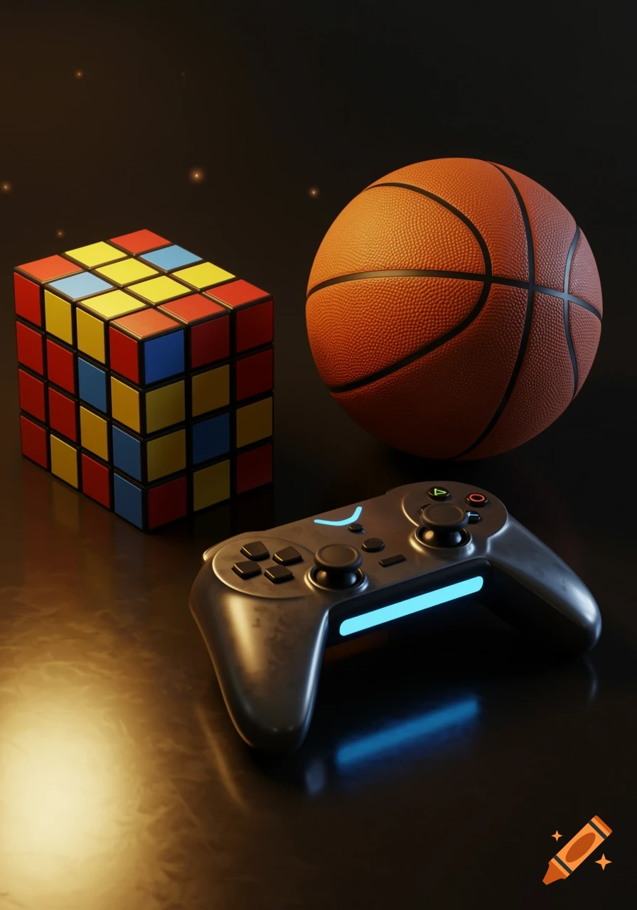A Rubik's cube, a basketball, and a gaming controller resting on a dark, reflective surface with warm lighting.
