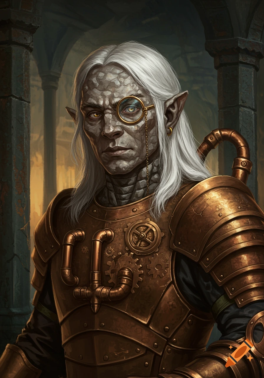 A photorealistic portrait of an old male rock gnome with white hair, gray cracked skin, a monocle, and ornate steampunk armor.
