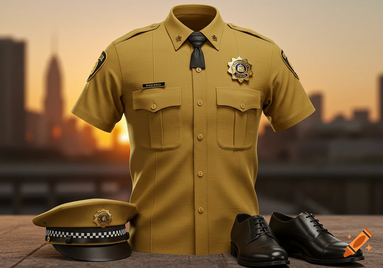 A golden-brown police uniform shirt, black tie, hat, and black dress shoes displayed against a blurred city sunset background.