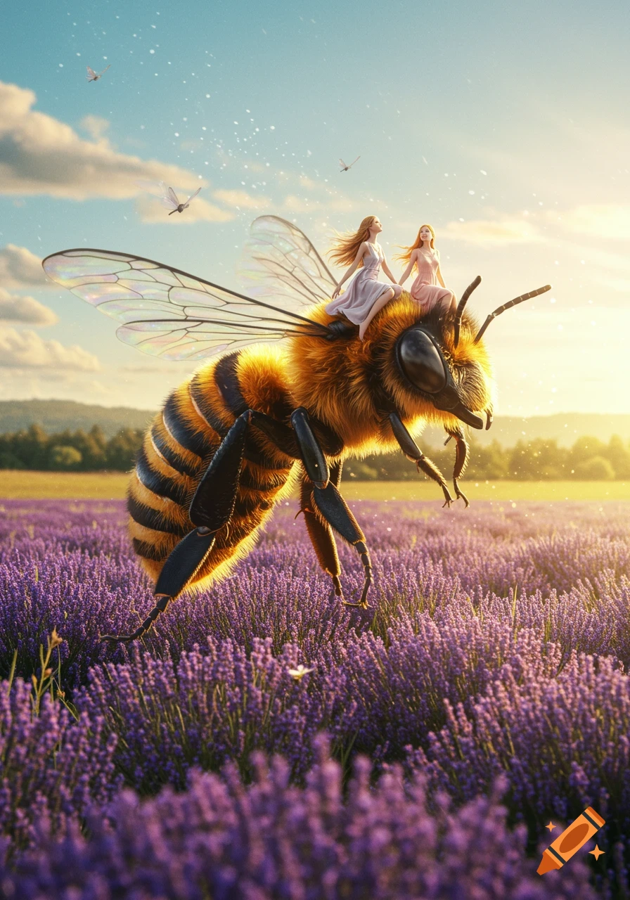 Two small women ride a giant fuzzy bee over a vibrant purple lavender field at sunset, in a photorealistic fantasy style.