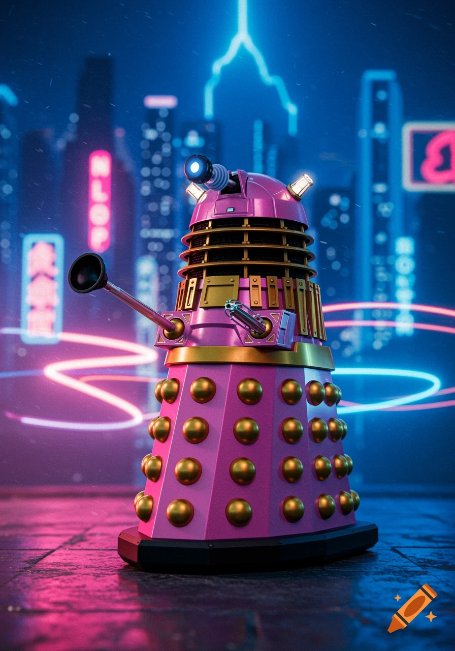 A pink and gold Dalek stands in a neon-lit, rainy cyberpunk city at night.