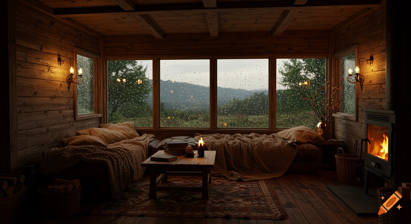 A cozy wooden cabin interior with large windows showing a rainy mountain view, soft blankets, books, and a lit fireplace at dusk.