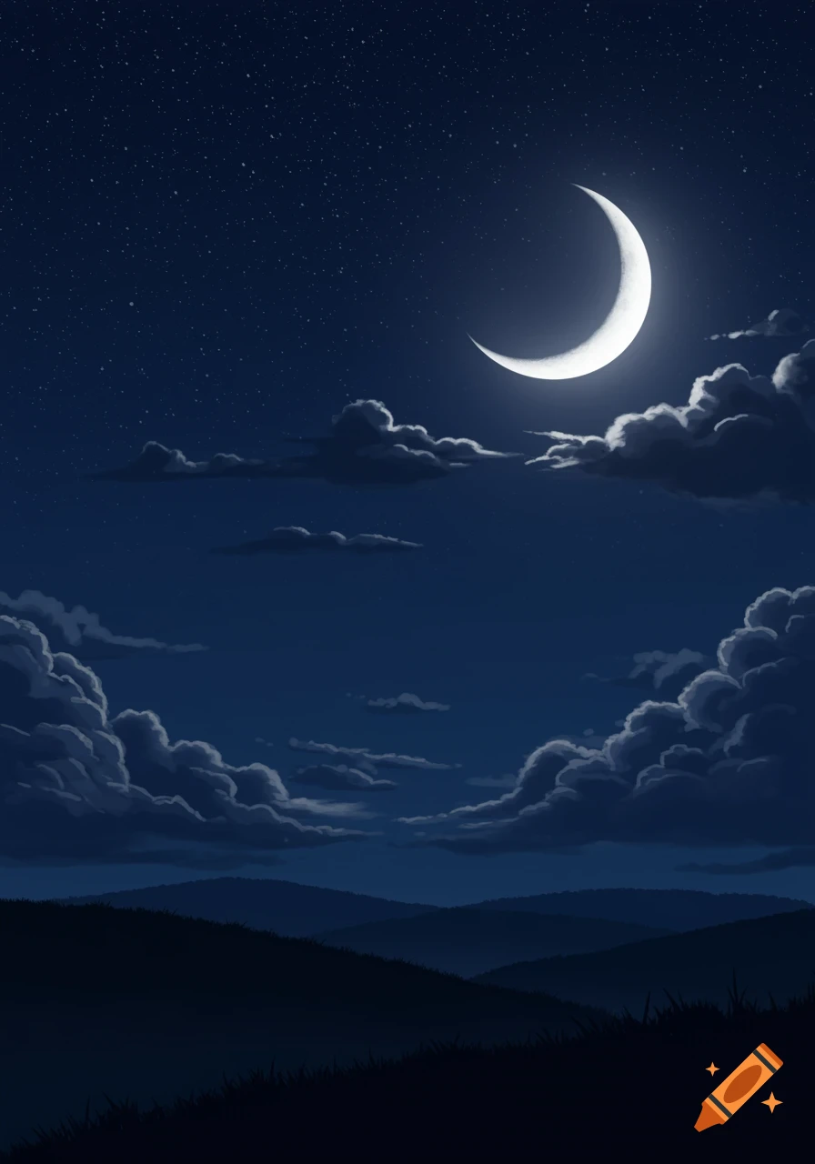 A bright crescent moon in a starry night sky above dark, rolling mountains and fluffy clouds.