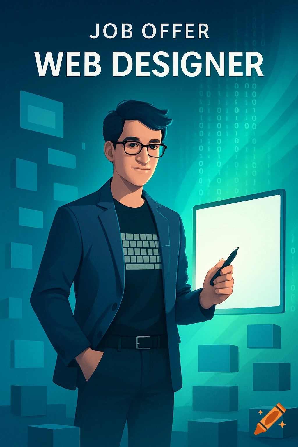 Illustration of a man in glasses and a blazer holding a stylus next to a screen, with 'JOB OFFER WEB DESIGNER' text and a digital background.