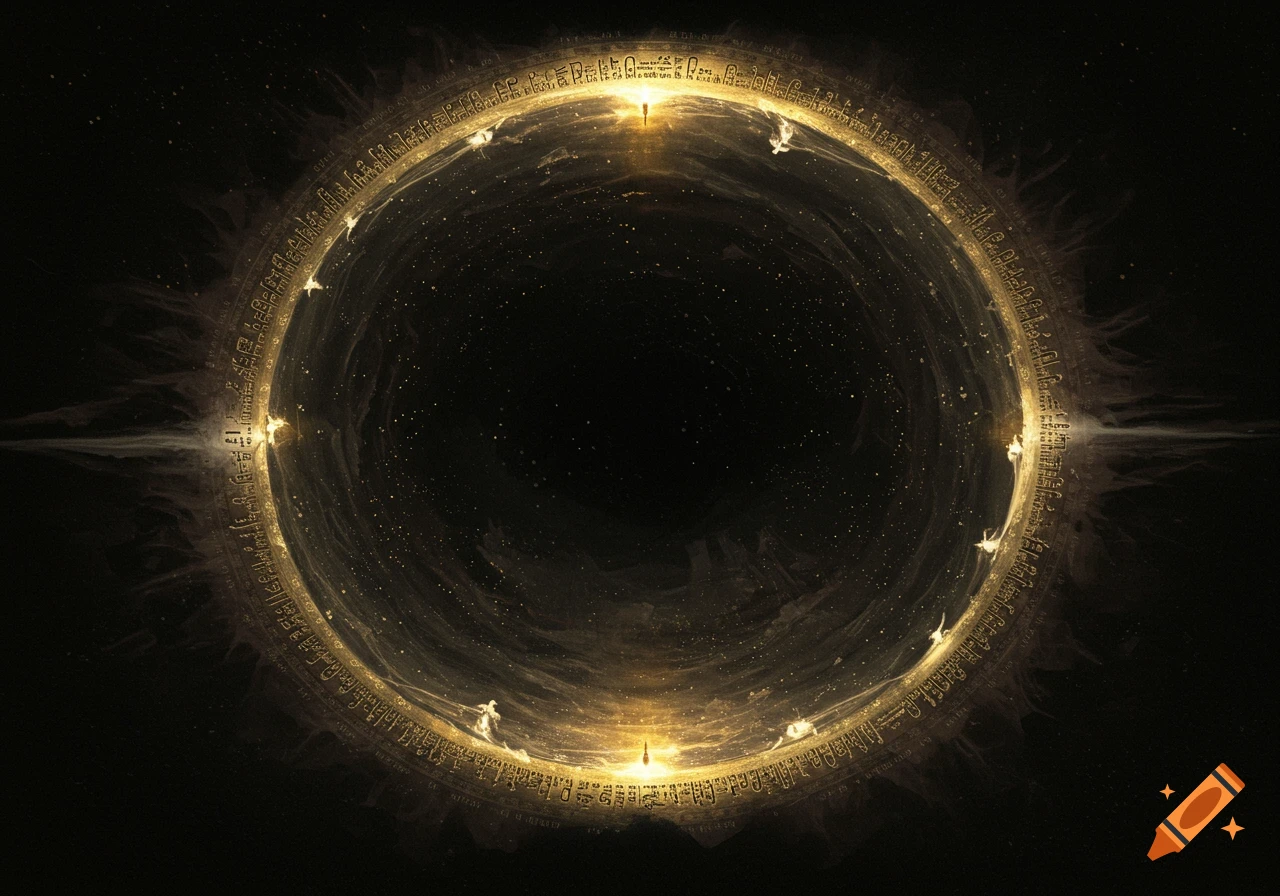 A large, glowing golden ring adorned with symbolic text floats in a dark, starry void, with small figures along its edge.