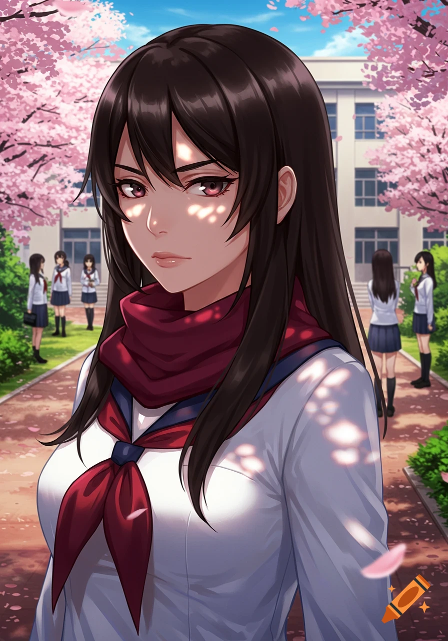 An anime girl with dark hair in a school uniform stands under cherry blossom trees in front of a school building.