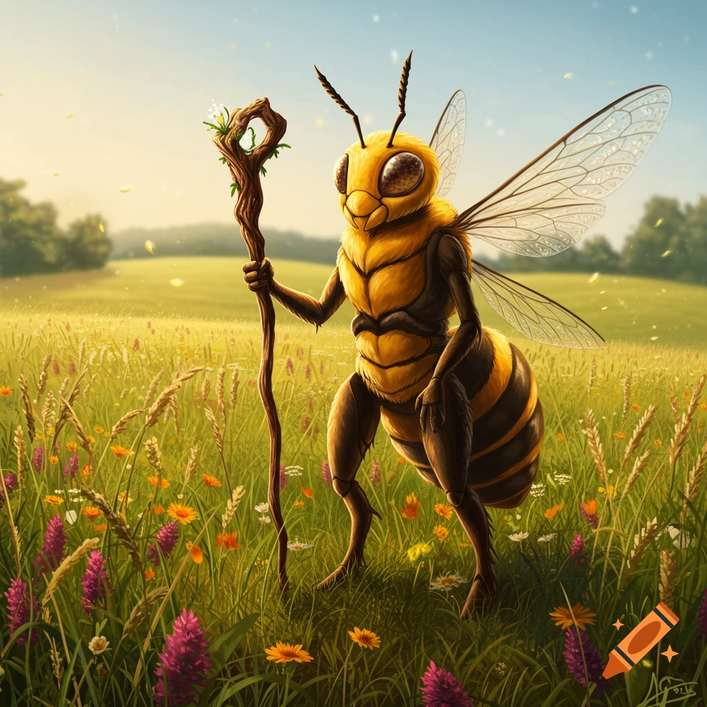 A majestic humanoid bee stands in a vibrant wildflower field, holding a twisted wooden walking stick under a sunny sky.