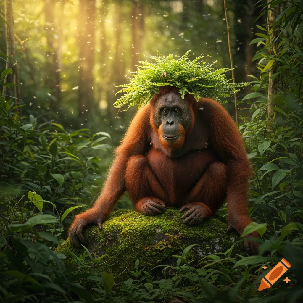An orangutan sits on a mossy rock in a lush, sunlit jungle, wearing a crown of green ferns.