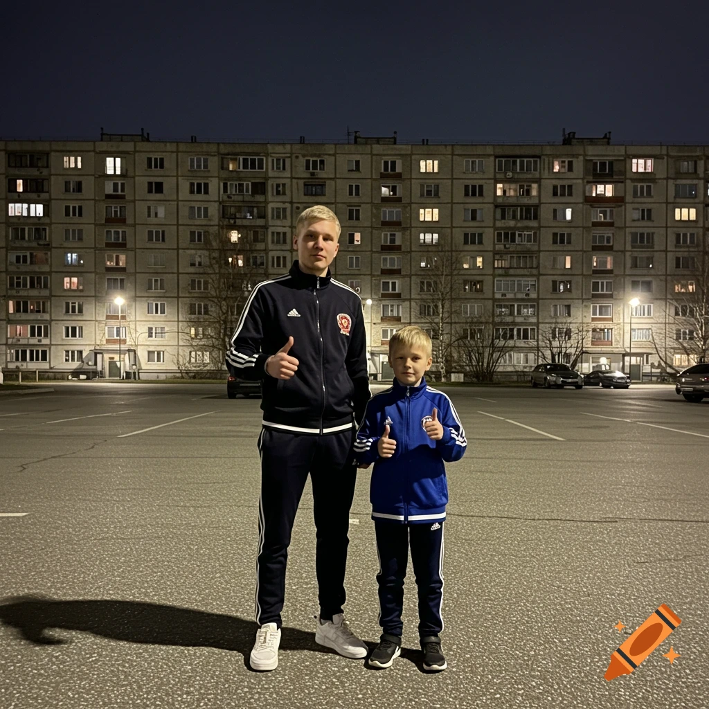 A man and a boy in tracksuits give thumbs-up in a parking lot at night, with an apartment building in the background.