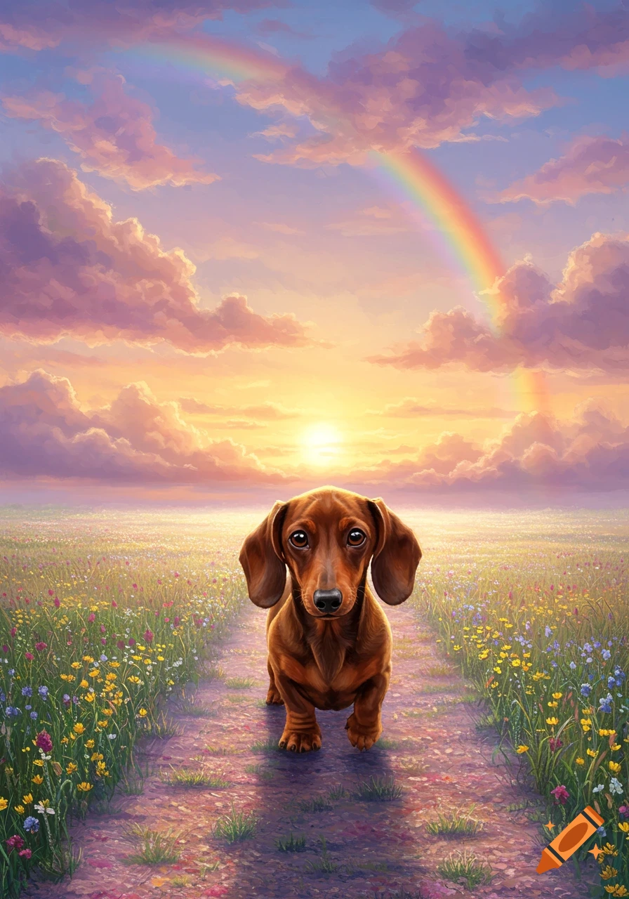 A brown dachshund stands on a path through a field of wildflowers under a colorful sunset sky with a rainbow.