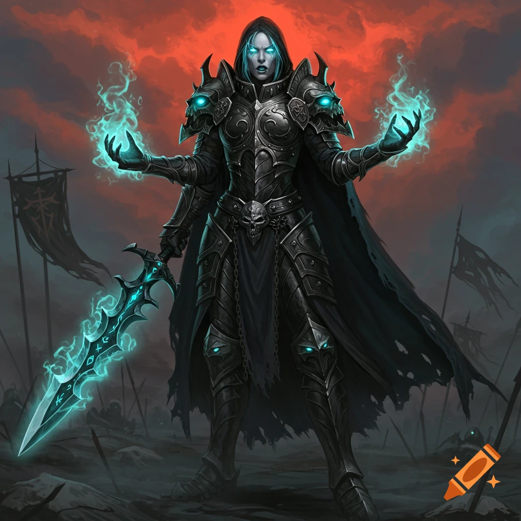 A powerful female death knight in dark armor with glowing blue eyes and a magical sword, standing on a battlefield under a red sky.