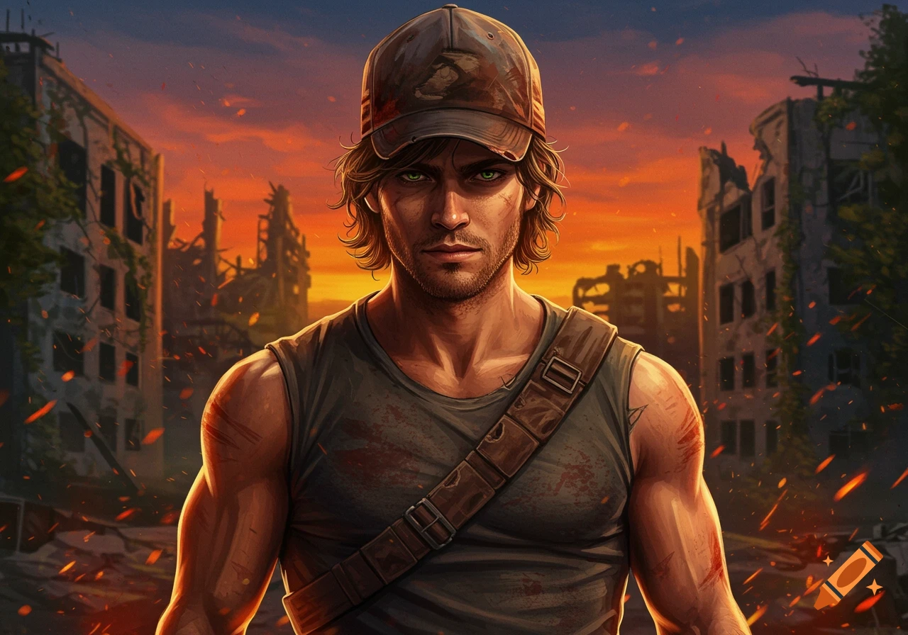 A man with green eyes, shaggy hair, and a baseball cap stands in a ruined city under a fiery orange sky, digital art.