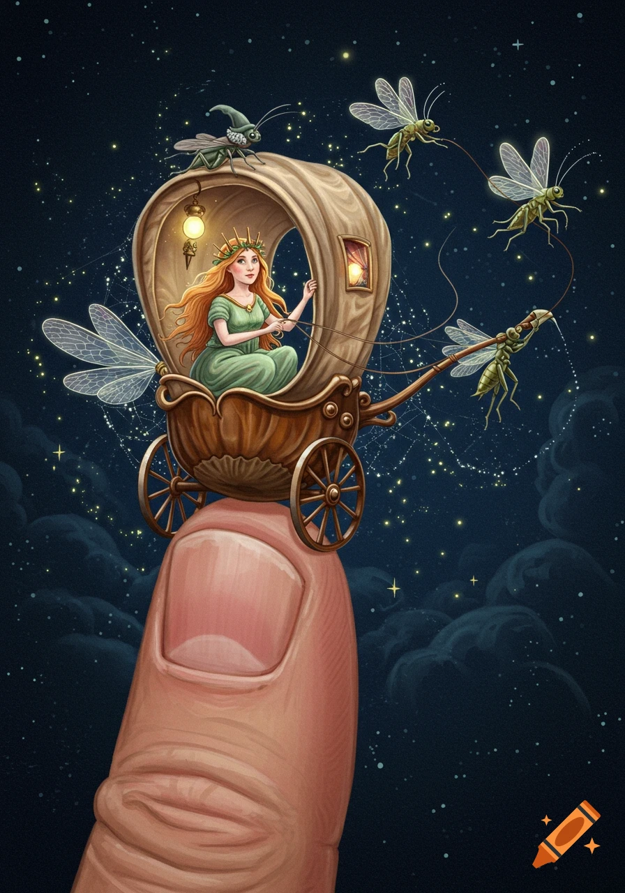 Illustrated fairy in a tiny wagon pulled by insects, riding on a human finger under a starry night sky.