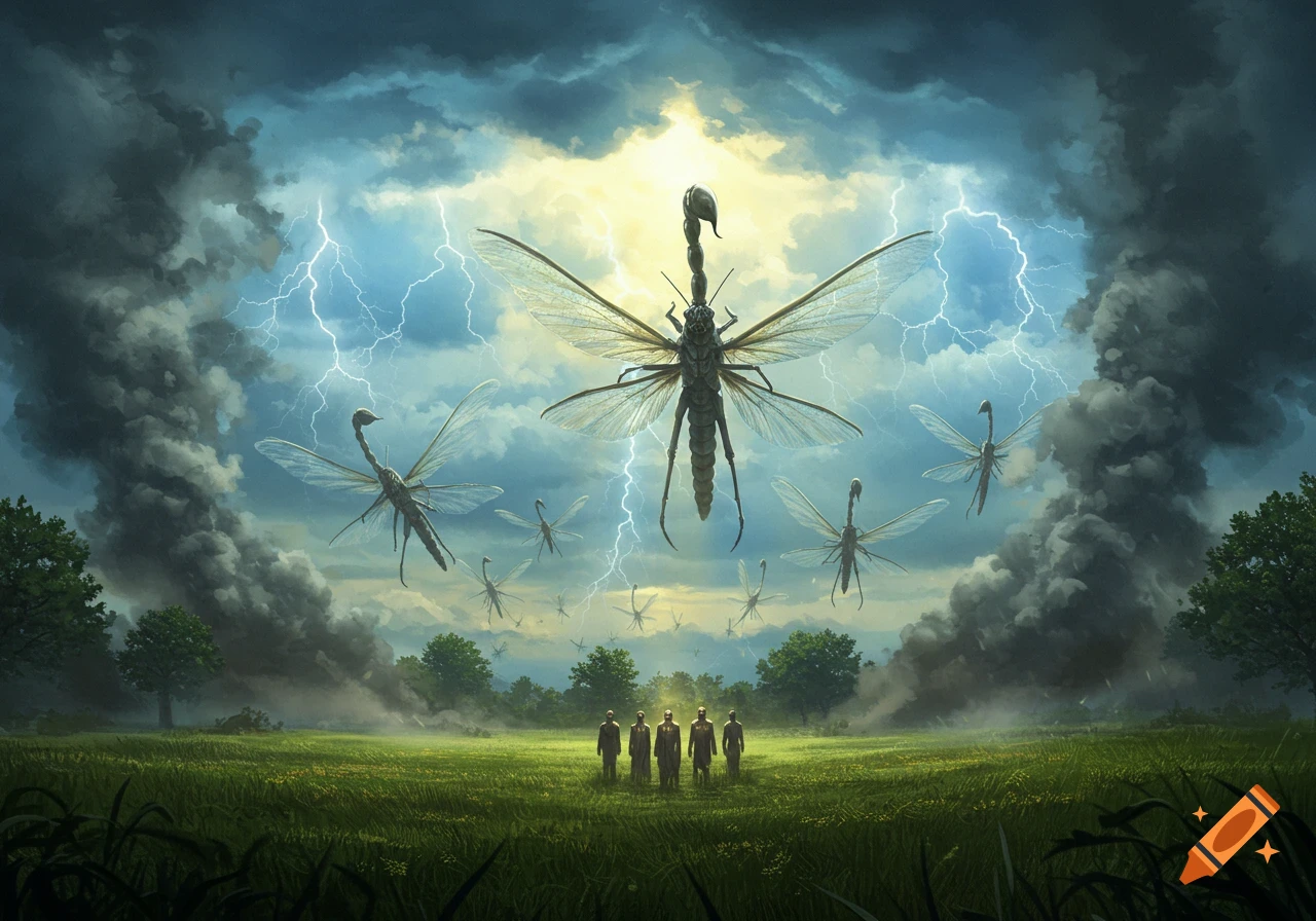 Giant scorpion-locust creatures descend from a lightning storm sky over a green field with tiny human figures.
