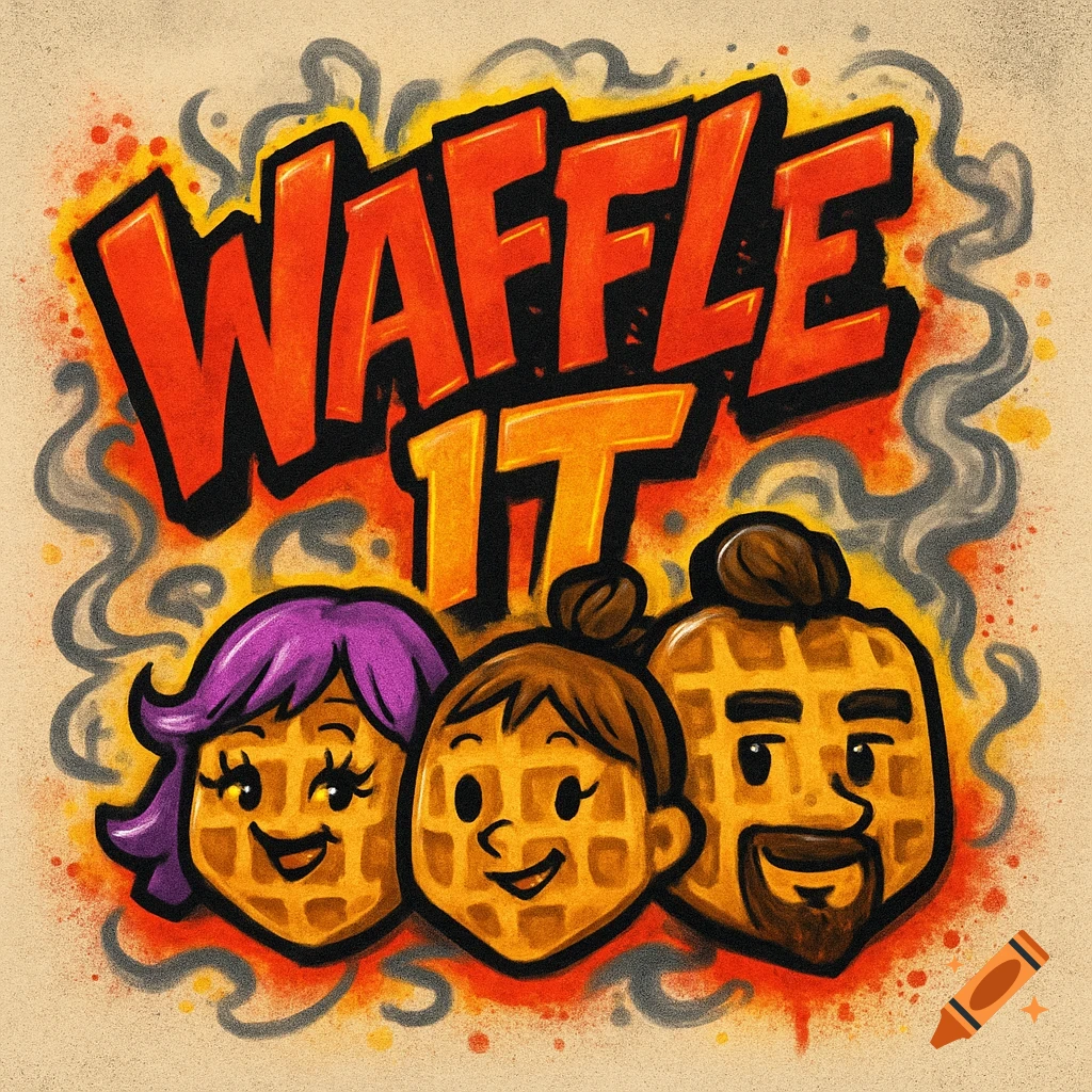 A colorful, graffiti-style logo on a tan background featuring the words "WAFFLE IT" in red and yellow, above three smiling cartoon waffle characters with hair and facial features.