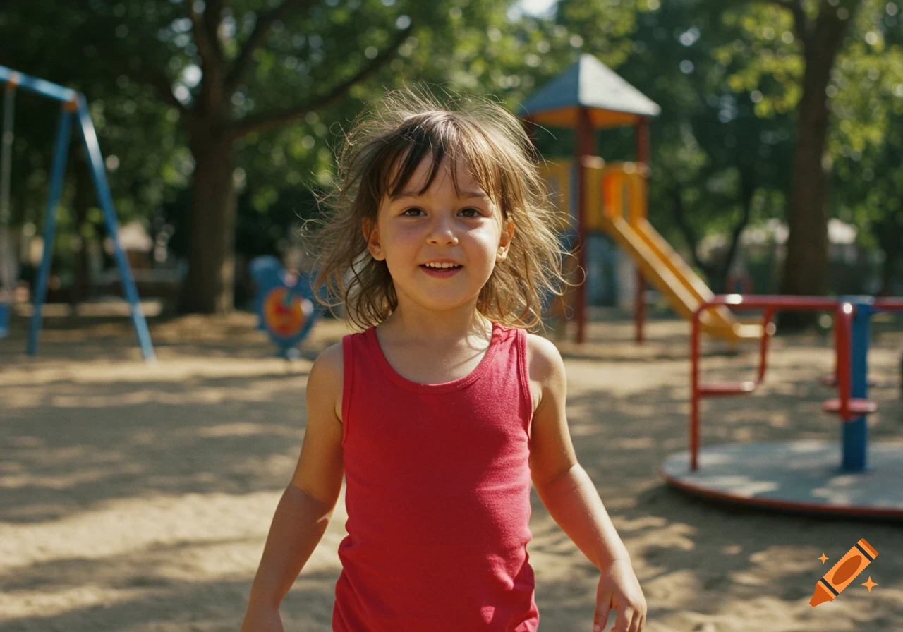 Smiling young girl in a red tank top stands in a sunny playground, photorealistic.