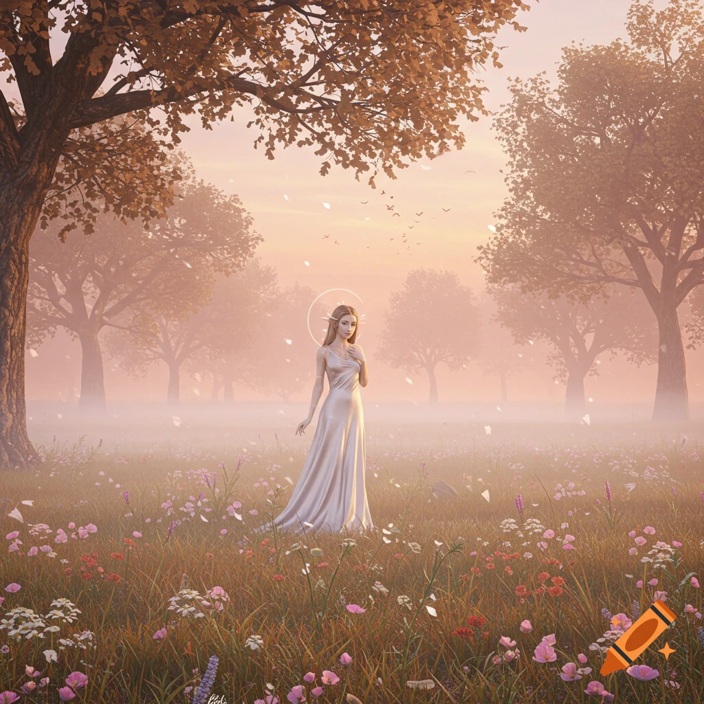 An ethereal woman with pointed ears and a halo stands in a misty, flower-filled meadow at sunrise, surrounded by autumn trees.